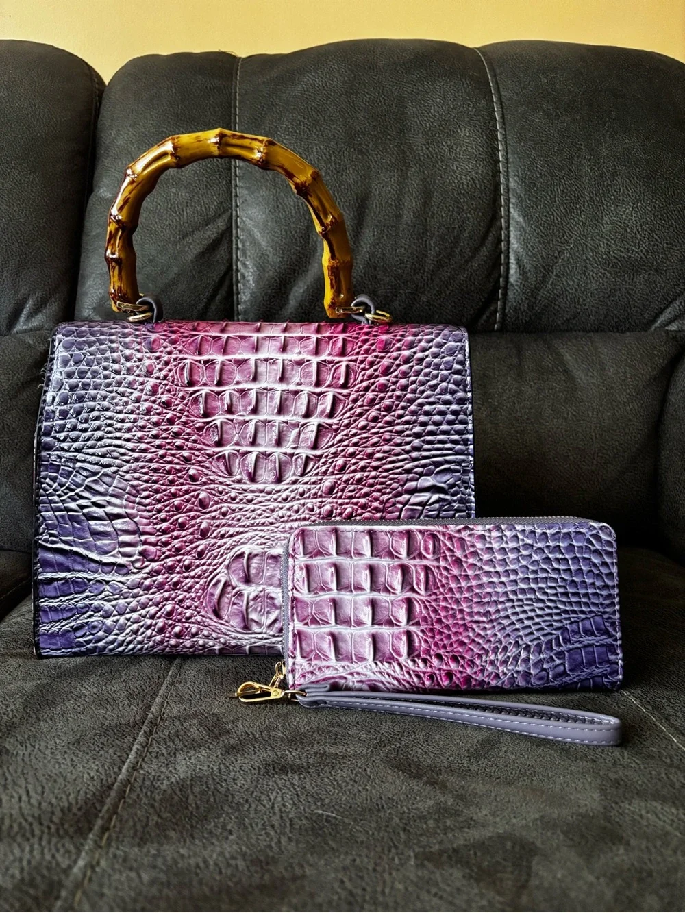 Purple Ombre Croc-Embossed Top Handle Bag with Bamboo Accent